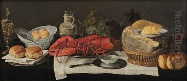 A Goblet, Bread Rolls, Four Tangerines In China Bowls, Two Lobsters On A Pewter Plate, Grapes In A Wicker Basket, Cheese In A Wicker Basket... Oil Painting by Hans van Essen