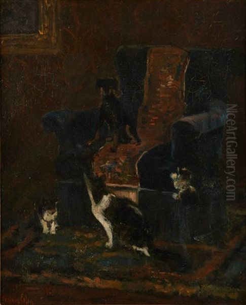 Chien Et Chats Au Fauteuil Oil Painting by Jan Van Essen