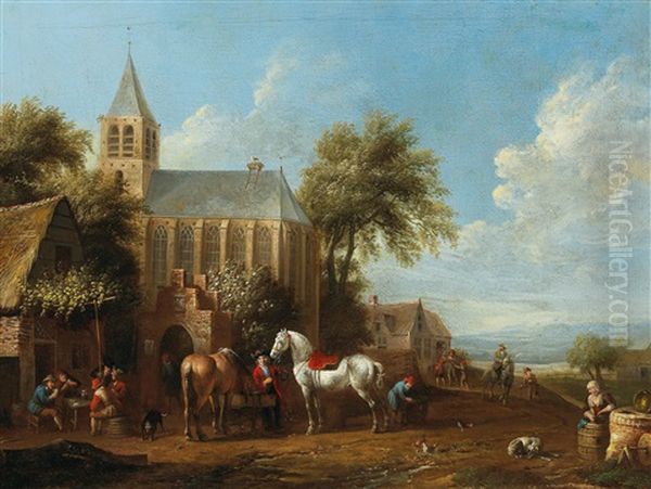 Horsemen Resting Outside A Tavern Oil Painting by Johannes Cornelis van Essen