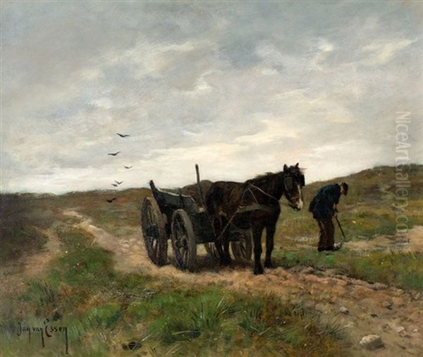 Boer Met Paard En Wagen In Duinlandschap Oil Painting by Johannes Cornelis van Essen