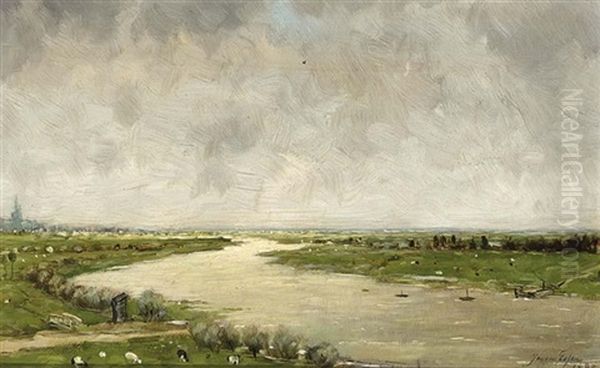 A River Landscape Oil Painting by Johannes Cornelis van Essen