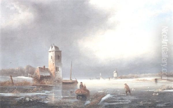 Figures In A Frozen River Landscape Oil Painting by Johannes Cornelis van Essen