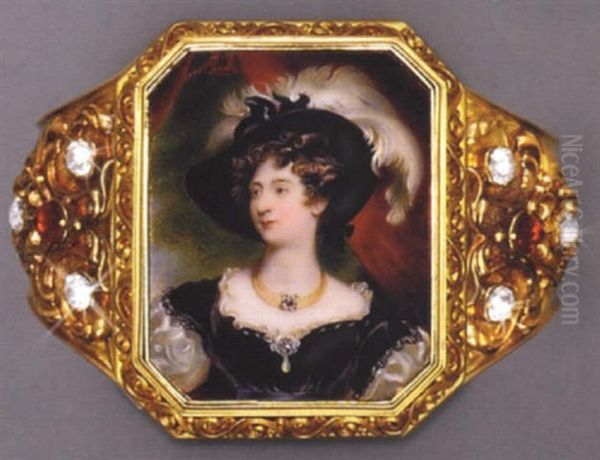 Charlotte, Duchess Of Northumberland, In Black Velvet Dress With White Sleeves And Underdress, Drop-pearl Pendant At Corsage, Gold Choker, Black Hat With Plumes In Her Hair Oil Painting by William Essex