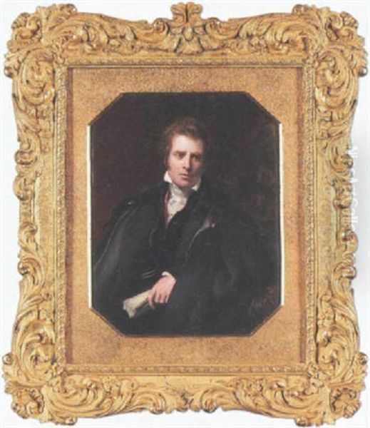 Sir David Wilkie R.a. Wearing Black Cloak Over Green Coat With Black Collar, Black Waistcoat, Red Scarf And White Cravat, He Holds A Sheet Of Paper And Paintbrush Oil Painting by William Essex