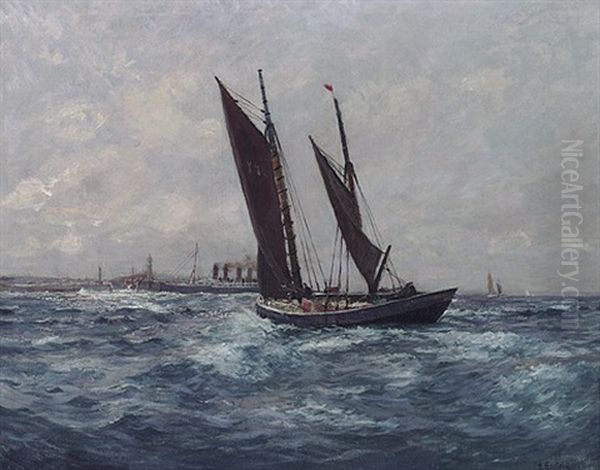 Nordliche Hafeneinfahrt Mit Dampfschiff Und Segelboot Oil Painting by Alexander Essfeld