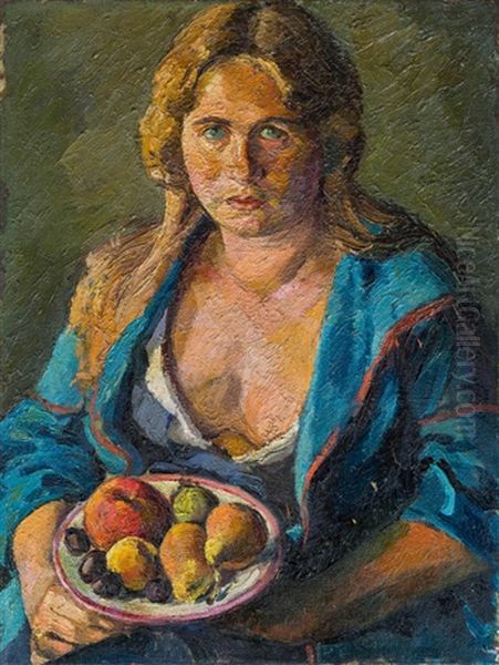 Frau Des Kunstlers Mit Fruchtteller Oil Painting by Felix Esterl