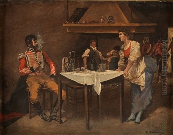 Militares En La Taberna Oil Painting by Enrique Estevan Y Vicente