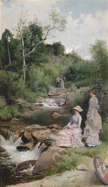 Zwei Anglerinnen Mit Parasol Am Bach Oil Painting by Enrique Estevan Y Vicente