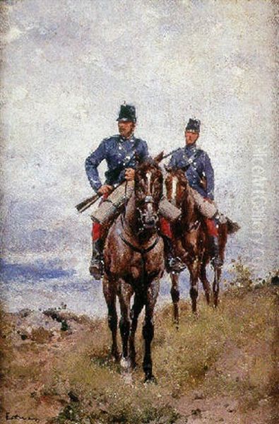 Soldados A Caballo Oil Painting by Enrique Estevan Y Vicente