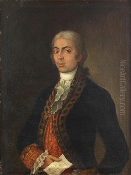 Portrait Of A Gentleman, Half-length, In A Brocade Trimmed Blue Coat, Holding A Letter Oil Painting by Agustin Esteve Y Marques