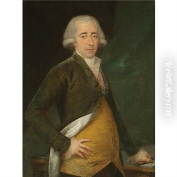 Portrait Of A Gentleman, Three Quarter Length, Wearing A Yellow Waistcoat And Green Coat Oil Painting by Agustin Esteve Y Marques