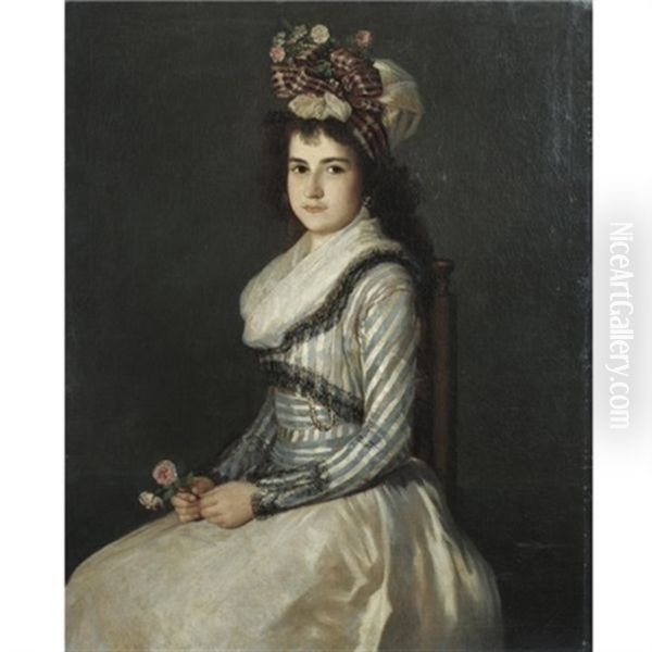 Portrait Of A Young Woman Holding Two Roses Oil Painting by Agustin Esteve Y Marques