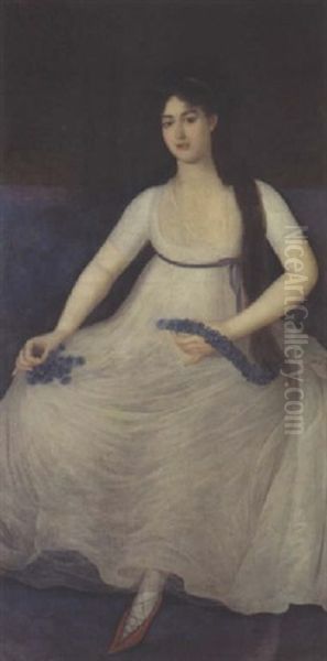 Portrait De Jeune Femme En Robe Blanche Oil Painting by Agustin Esteve Y Marques