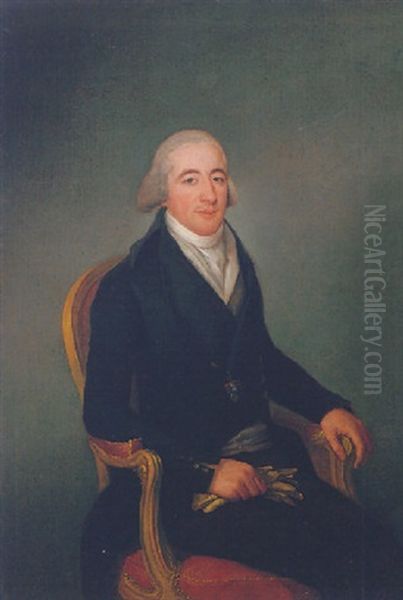 Portrait Of A Gentleman Seated In A Chair Holding His Gloves On His Lap And Wearing The Order Of Charles Iii Of Spain Oil Painting by Agustin Esteve Y Marques