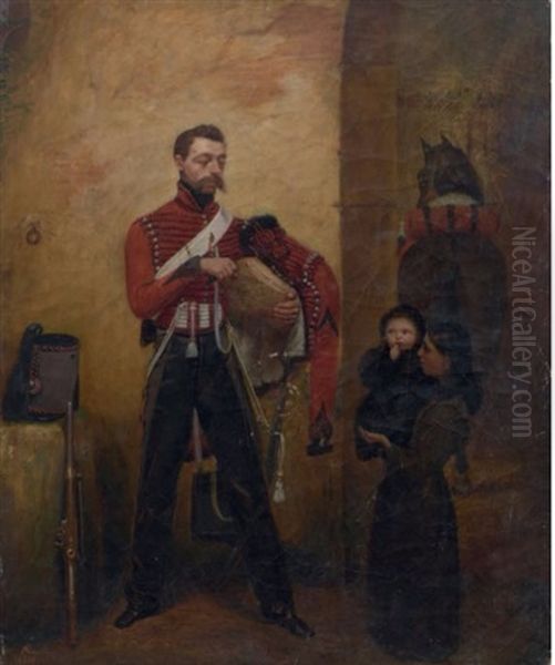 Scene De Genre Representant Un Hussard Donnant Du Pain A Une Jeune Femme Portant Son Enfant Oil Painting by Auguste Estienne