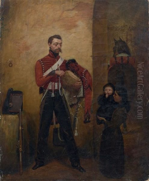 Scene De Genre Representant Un Hussard Donnant Du Pain A Une Jeune Femme Portant Son Enfant Oil Painting by Auguste Estienne