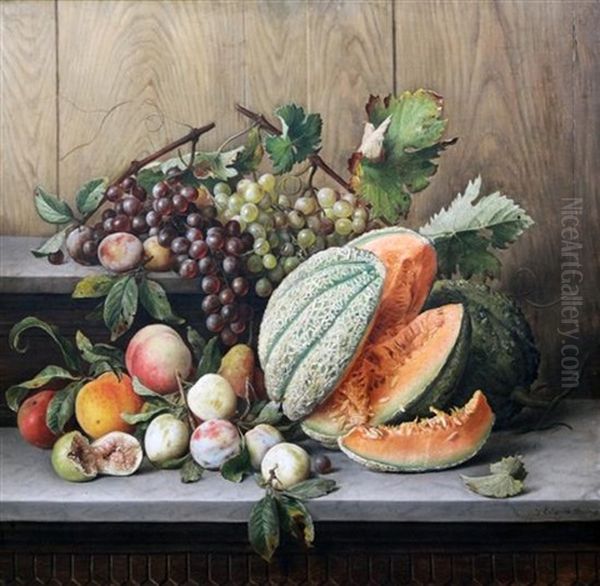 Trompe L'oeil Study, Still Life Of Fruit On A Ledge Oil Painting by Giovanni Estienne