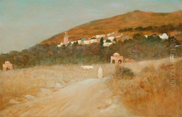 Orientalist Landscape With Figure Walking A Dirt Road Toward A Middle Eastern Town Oil Painting by Henry d' Estienne