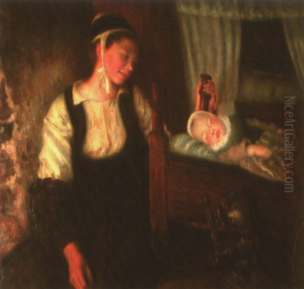 Jeune Mere Du Faouet Dans Son Interieur Oil Painting by Henry d' Estienne