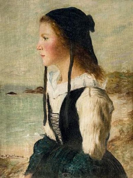 Jeune Bretonne Devant La Mer Oil Painting by Henry d' Estienne