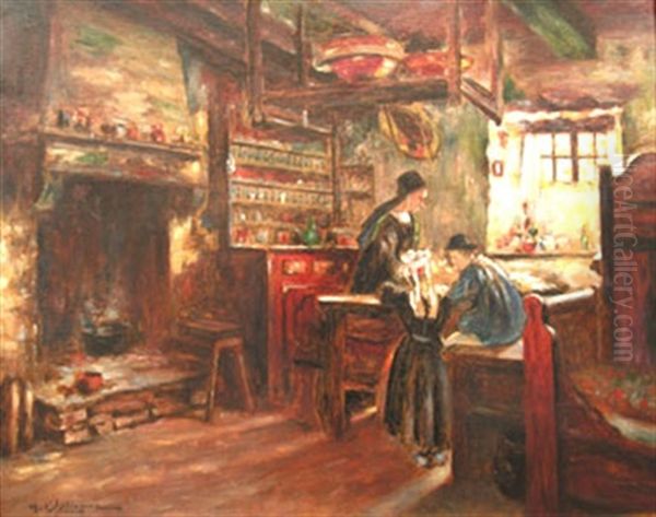 Le Gouter Interieur Breton Oil Painting by Henry d' Estienne