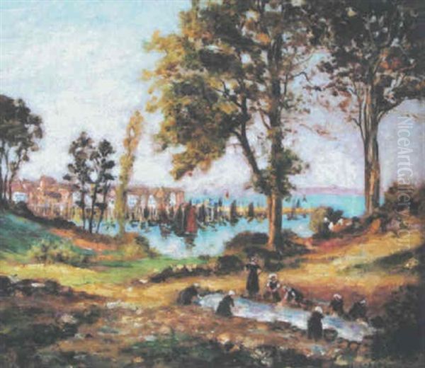 Douarnenez, Les Lavandieres A Plomarchs Oil Painting by Henry d' Estienne