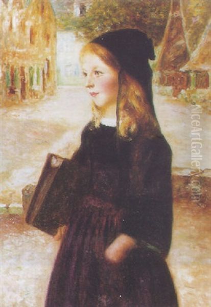 Petite Fille Au Cartable Allant A L'ecole Oil Painting by Henry d' Estienne