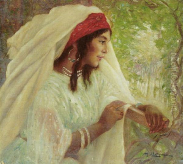 Jeune Fille Arabe Accoudee A Une Fenetre Donnant Sur Un Jardin, Algerie Oil Painting by Henry d' Estienne