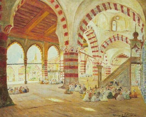 Ecole Dans Une Mosquee Au Caire Oil Painting by Henry d' Estienne