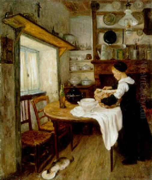 Fillette Preparant Le Repas Oil Painting by Henry d' Estienne