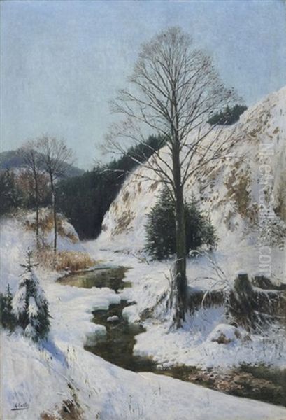 Winterlandschaft Mit Bachlauf Oil Painting by Georg Estler