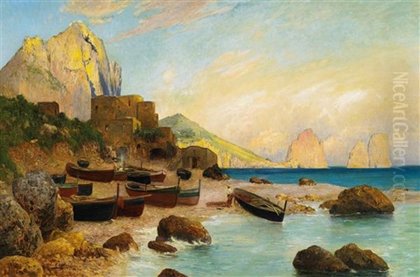 Capri. Blick Von Der Kuste Auf Die Faraglioni Oil Painting by Georg Estler