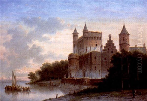 Figures Before A Castle On A River Oil Painting by Frederik Willem Estoppey