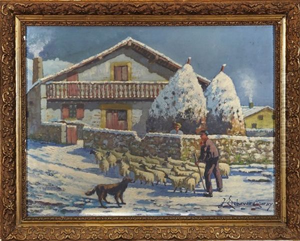 Retour A La Bergerie Sous La Neige Oil Painting by Jean Etcheverrigaray