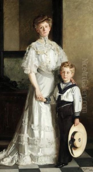 Portrait Of A Woman And Her Son In A Sailor Suit Oil Painting by Hubert-Denis Etcheverry