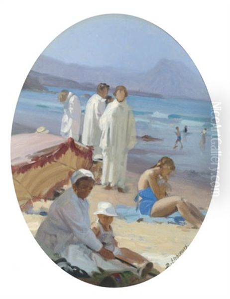 La Plage Des Basques A Biarritz Oil Painting by Hubert-Denis Etcheverry