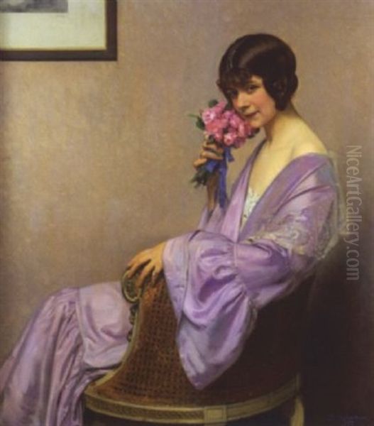 Femme Assise Au Bouquet De Roses by Hubert-Denis Etcheverry