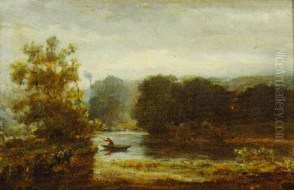 Rower On A River At Dusk Oil Painting by Louis Jules Etex