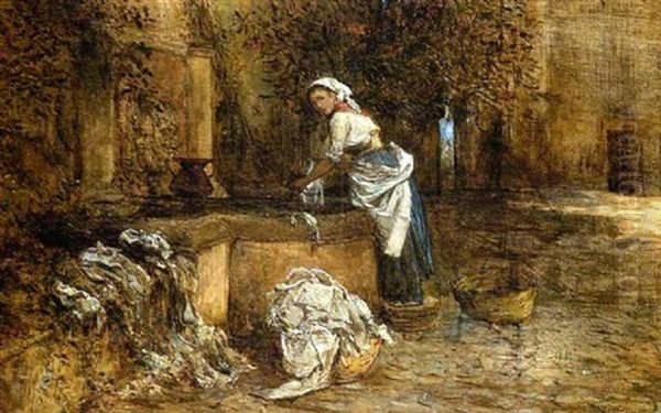 Wascherin Am Brunnen Oil Painting by Theodor Josef Ethofer