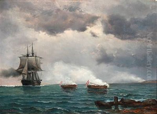 Battle Scene From The Napoleon Wars, Danish Privateers Are Attacking A Foreigh Ship Of The Line Oil Painting by Carit Etlar