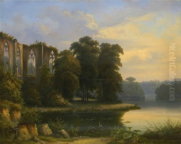 Gothic Church Ruin In Evening River Landscape Oil Painting by Josef-Carl Ettinger