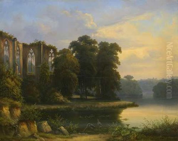 Gotische Kirchenruine In Abendlicher Flusslandschaft Oil Painting by Josef-Carl Ettinger