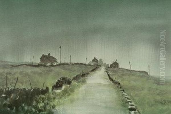 Misty Morning Moorland Road With Dwellings Oil Painting by K. Ashley