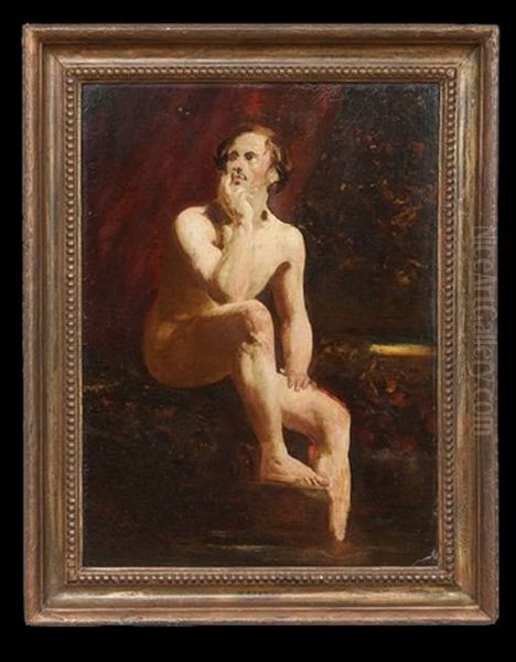 Pensive Male Nude (recto), Sketch (verso) Oil Painting by William Etty