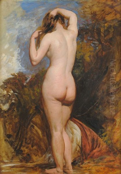 Study Of A Female Nude (from Behind, Standing In A Pool By Trees) Oil Painting by William Etty