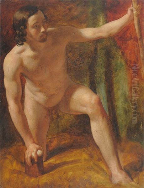 Male Nude, Crouching, His Left Hand Holding A Wooden Staff (study) Oil Painting by William Etty