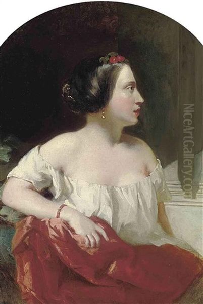 Portrait Of A Lady, In A White Dress With A Red Wrap Oil Painting by William Etty