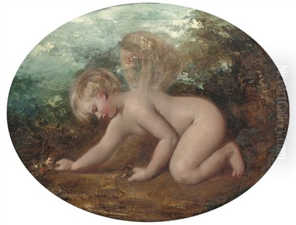 A Putto Collecting Flowers Oil Painting by William Etty