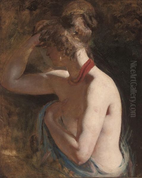 Female Nude, Draped In A Blue Wrap With A Red Scarf Around Her Neck (study) Oil Painting by William Etty