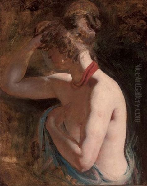 Female Nude Draped In A Blue Wrap With A Red Scarf Around Her Neck (study) Oil Painting by William Etty